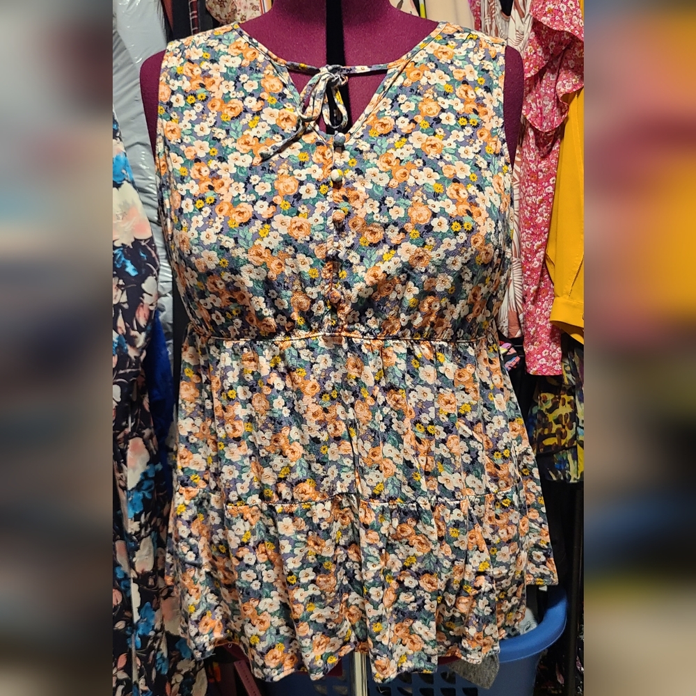 Torrid Blue and Orange Floral Blouse